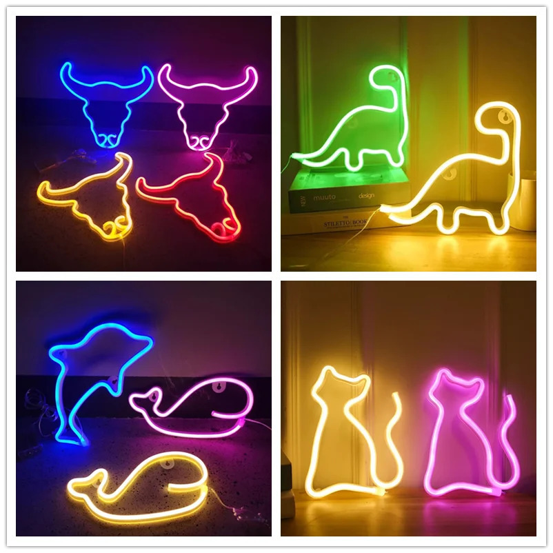 

Christmas Decoration Neon Light Cat Dinosaur Neon Night Wall Hanging Holiday Light for Bar Bedroom Wedding Party New Years Gift