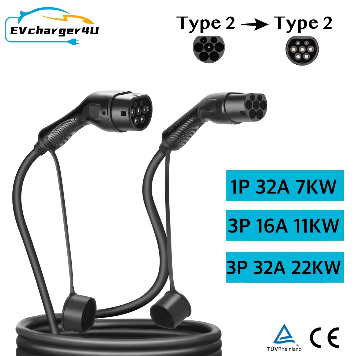 

EVcharger4U IEC62196 16A/32A 7 кВт/11 кВт/22 кВт Тип 2– Type2 Кабель для зарядки электромобилей 3 м/5 м/7 м электромобиль PHEV в общественной станции