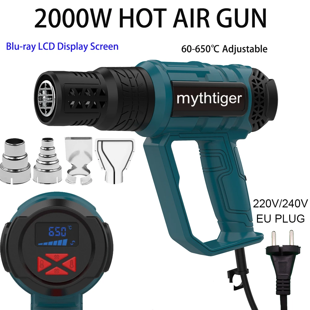 

LCD Display Heat Gun with Nozzles Hair dryer Construction 2000W Hot Air Gun Thermal blower Shrink wrapping Tools