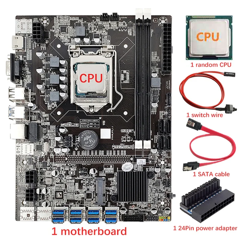 NEW-8 GPU B75 BTC/ETH Mining Motherboard+CPU+24Pin Power Adapter+SATA Cable+Switch Cable 8 USB3.0 Slot LGA1155 DDR3 SATA3.0