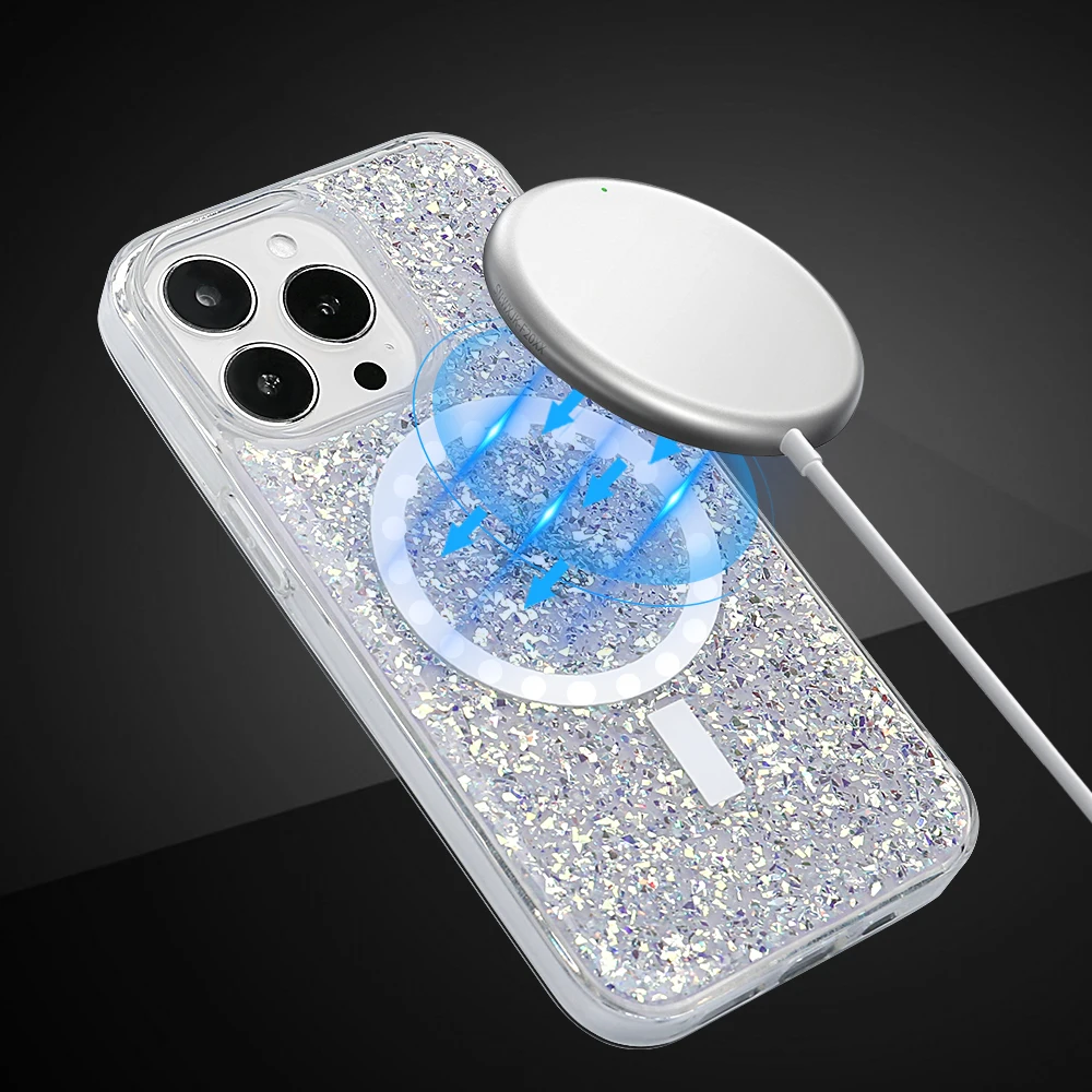 3D Glitter Women Case For iPhone 14 Plus 13 12 Pro Max Bling Rhinestone Magnetic Cover For Magsafe Charger Accessories