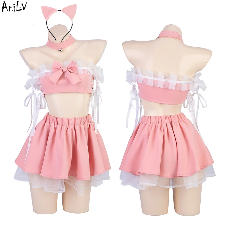 AniLV 2023 Anime Lolita Girl Cute Pink Cat Maid Unifrom Women Off Shoulder Tops Cake Skirt Outfits Costumes Cosplay