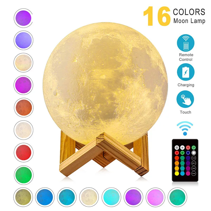 LED Night Light 3D Print Moon Lamp Rechargeable Color Transform 3D Light Touch Moon Lamp Children's Lights Night Lamp for Home