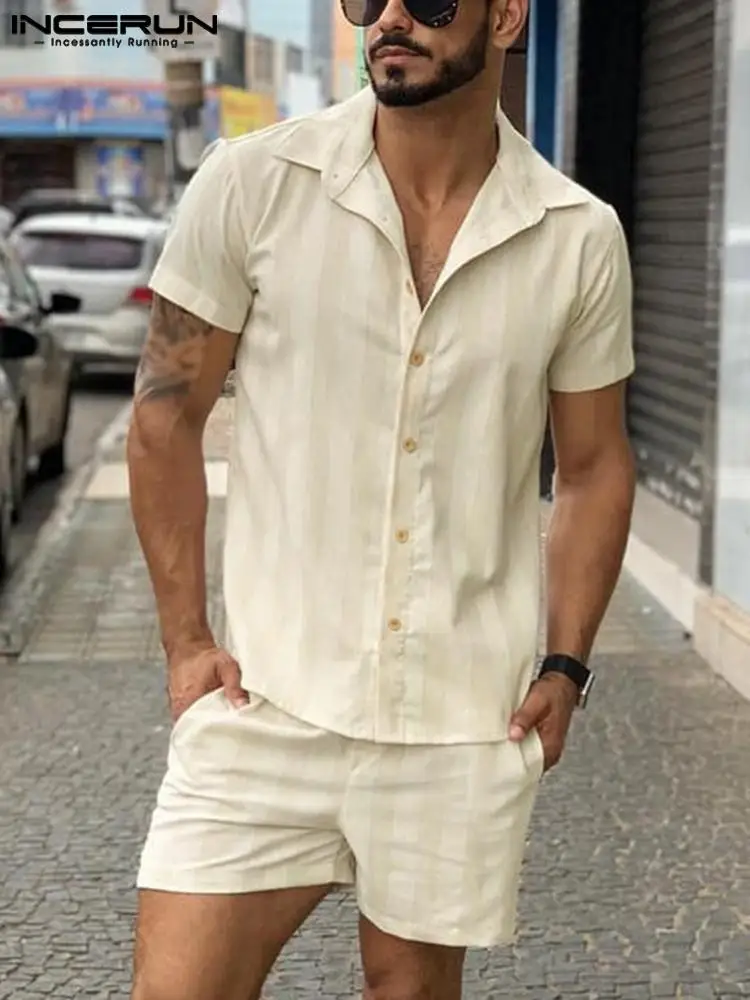 

INCERUN 2022 Men Striped Sets Streetwear Lapel Short Sleeve Shirt & Shorts Two Pieces Summer Vacation Casual Men Hawaiian Suits