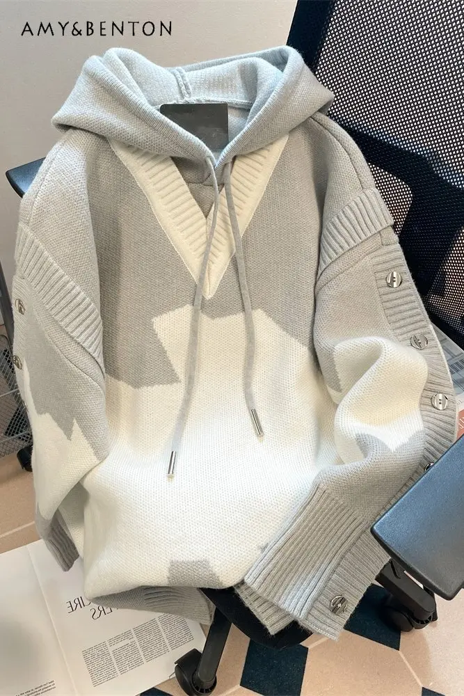 

Женский трикотажный свитер контрастных цветов, куртка с капюшоном на весну и осень, Повседневный свитер, топы