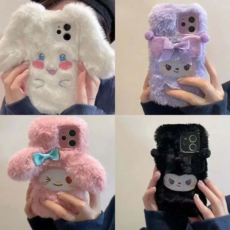 

Sanrio Kuromi Cinnamoroll Mymelody Cartoon Iphone 13 11/12 Promax Plush Cover Xs Autumn and Winter Cute Soft Rubber Cover