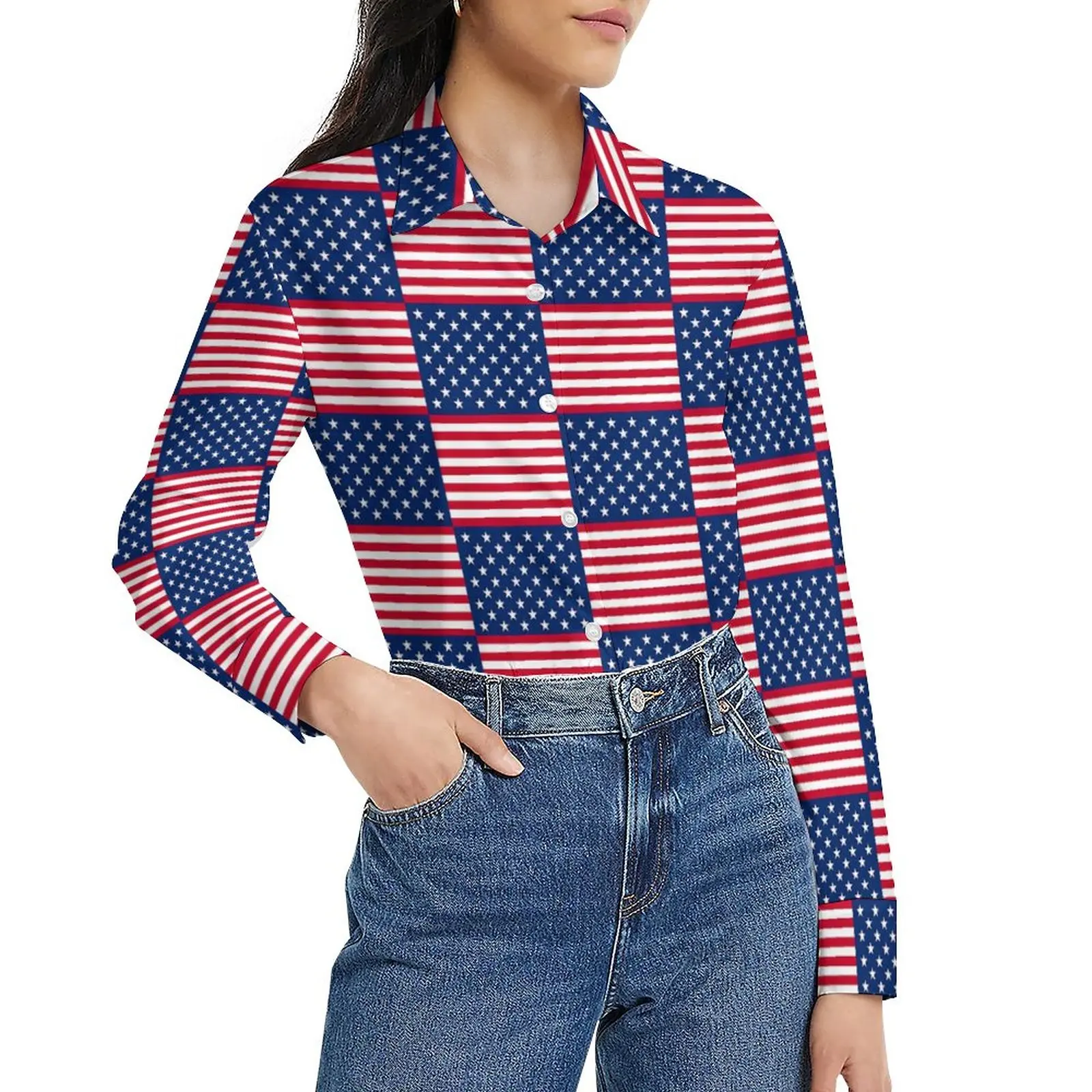 

American Flag Blouse Long-Sleeve US National Day Trendy Blouses Woman Casual Oversized Shirt Pattern Top Birthday Gift