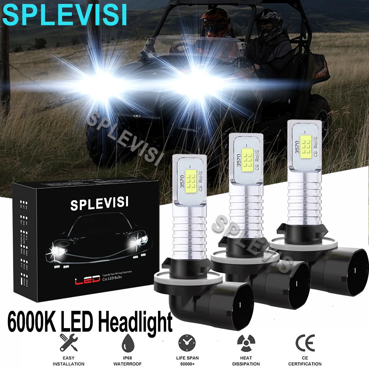 3x105W 6000K Pure White LED Headlight Bulbs  For POLARIS RZR 570 2012-2015 MAGNUM 330 2005-2006 HAWKEYE 300 2006 2007 2008-2011