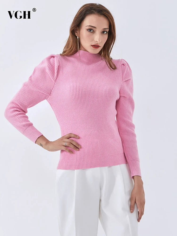 

Женский вязаный свитер VGH, однотонный минималистичный облегающий пуловер с круглым вырезом и рукавами-фонариками, осенняя модная одежда, но...