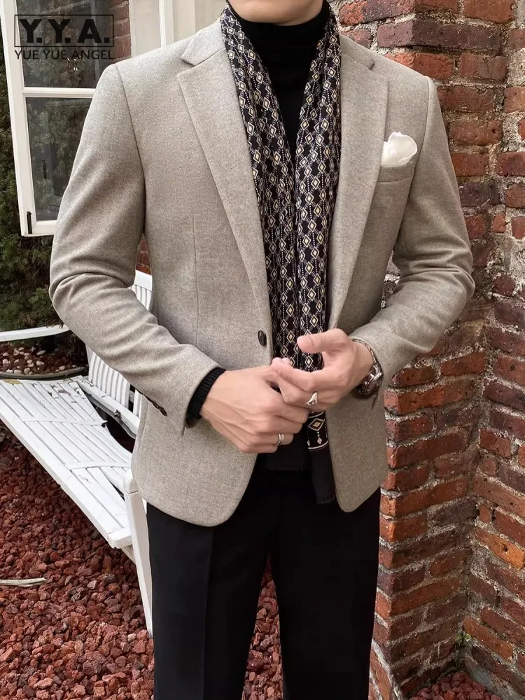 

Осенний Новый деловой Мужской приталенный шерстяной Блейзер на одной пуговице, пиджак в британском стиле, деловое платье, пальто, винтажный офисный блейзер для работы