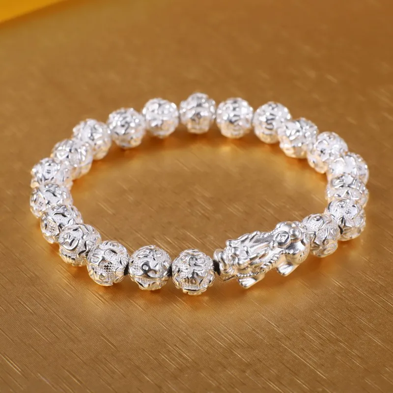 

S999 Pure Silver Bracelet 10mm/12mm Bead Sutra Mantra Beaded Pixiu Dragon Son Women Men Buddha Beads 17-18cmL