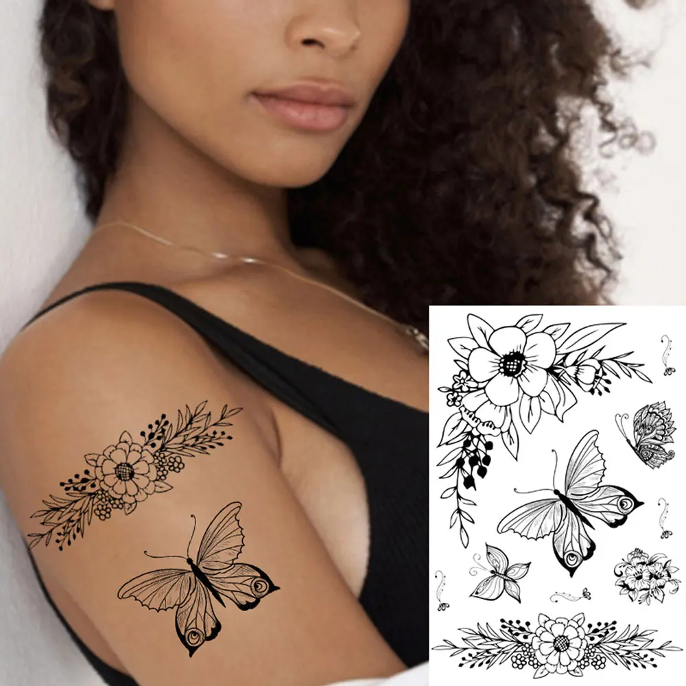 Тату-наклейки с черными цветами для женщин и мужчин нагрудные водонепроницаемые