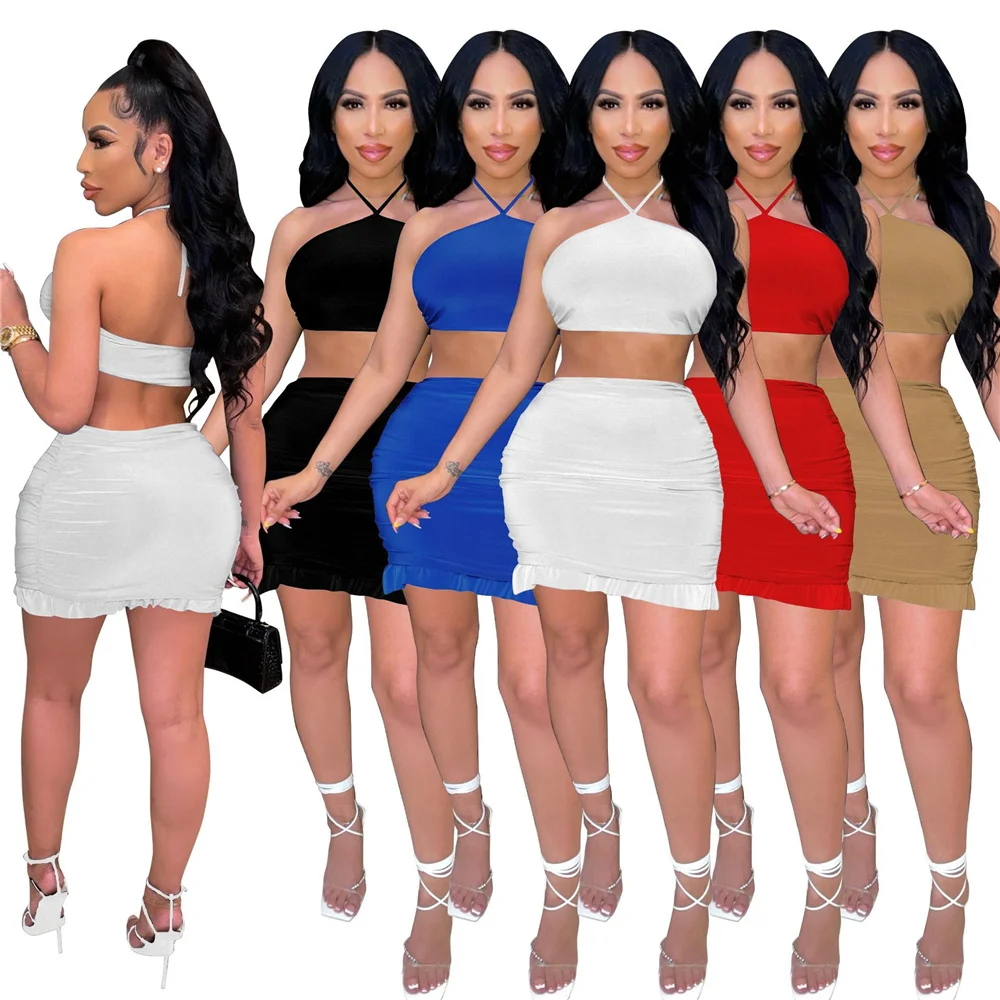 

Summer Two Piece Skirt Set Fashion Women Solid Bandage Backless Crop Top Ruffle Skirt Matching Set Streetwear Party Club Outfits