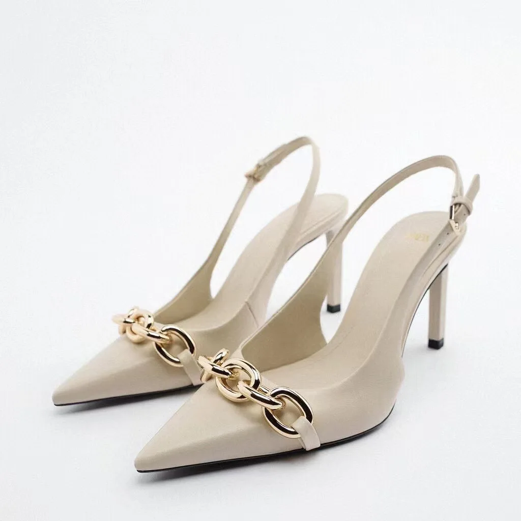 

Spring New Women's High-heeled Shoes Pumps 2022 ZA Pointed Slingback Sandals Gold Chain Stiletto Fashion Sexy Black Muller Shoes