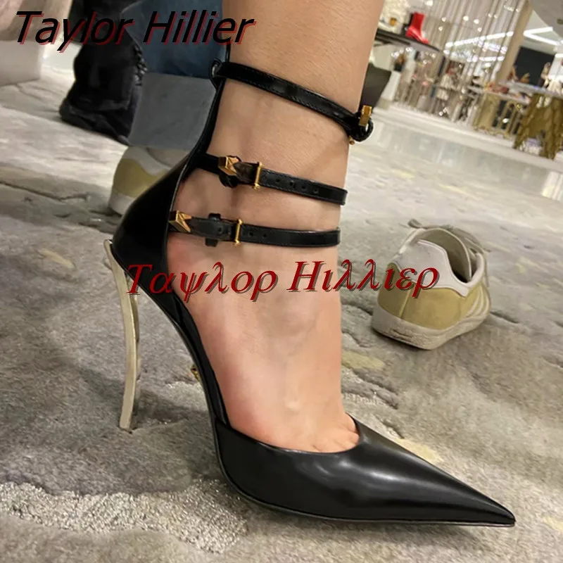 

French Black Thick Bottom Stiletto Pumps Pointed Toe Shallow Mouth Buckle Strap Sandals Feminine Fashion Party Women'S Shoes