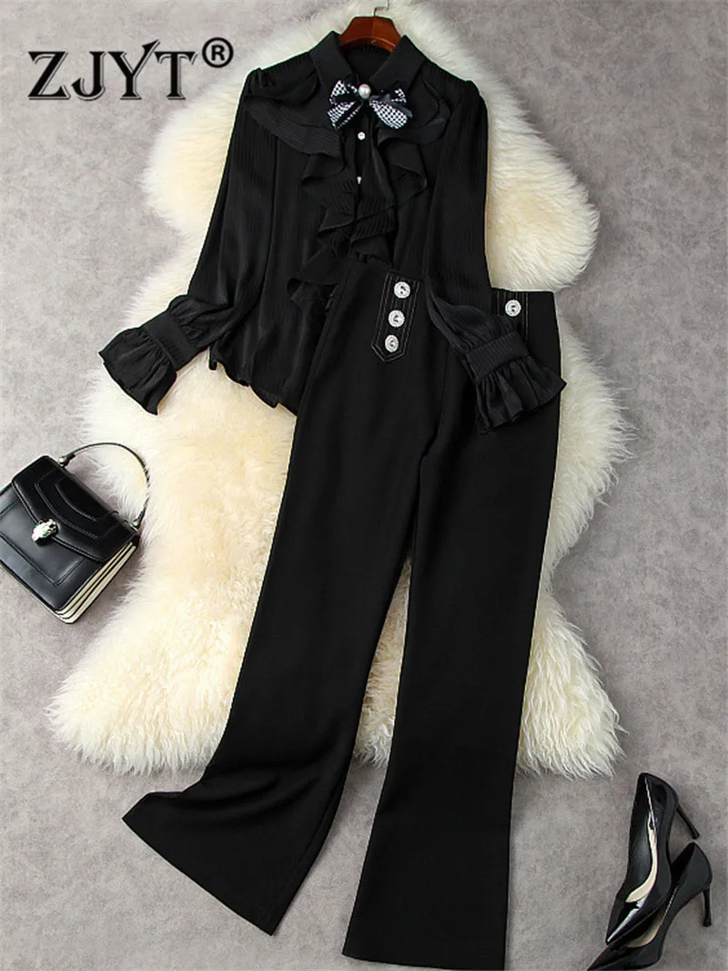 

ZJYT Designer Elegant Spring Ladies Office Suit Trousers for Women Outfits Flare Sleeve Ruffles Matching Blouse and Pants Set