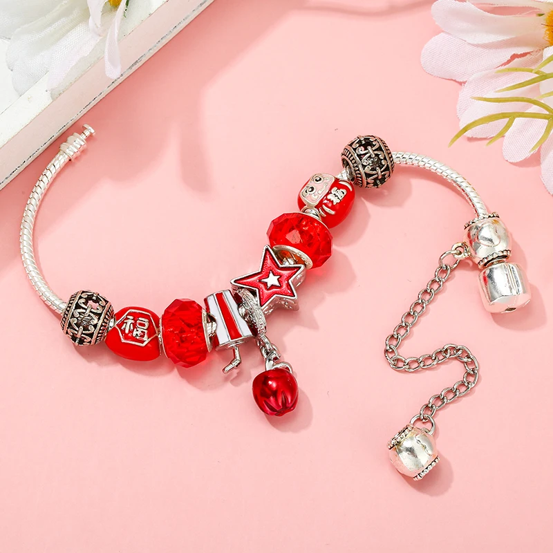 Цепочка из бусин с красными яблоками напитками и звездами кулоном Fu