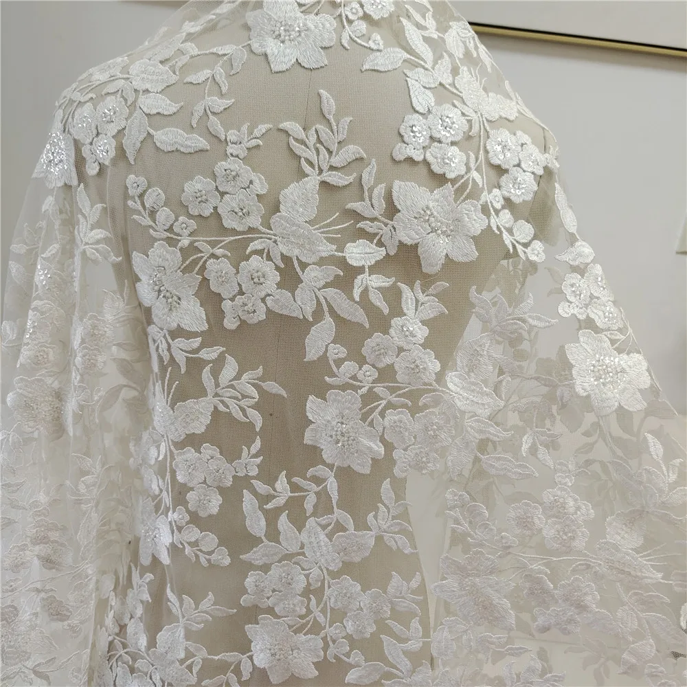 

Gentle Flowers Sequince Lace Cotton Embroidery Tulle Mesh Off White Wedding Dress Lace Fabric Material 130CM Wide