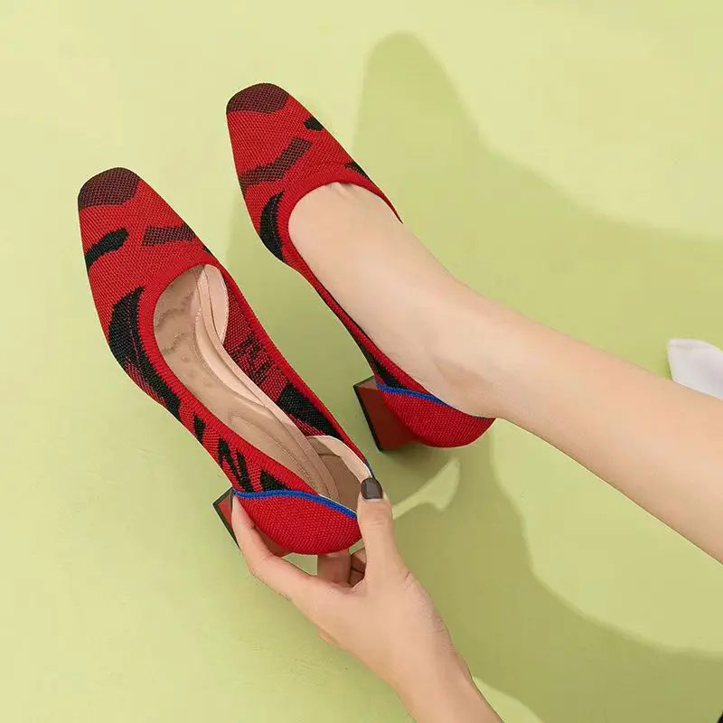 Large High-heeled Shoes 42/43/41 Women's Shoes Knitted Fashionable Breathable Non-slip Beautiful Color Matching Spring and Autum