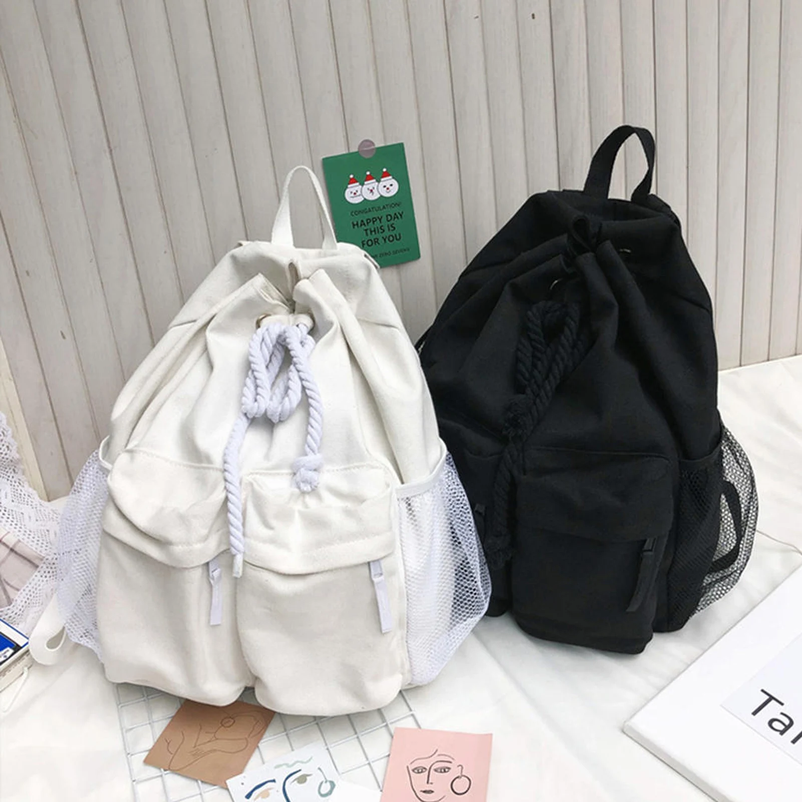 

Canvas Backpack Men Women Recyled Cotton Washable School Backpacks Aesthetic Backpack With Drawstring For Travel Business