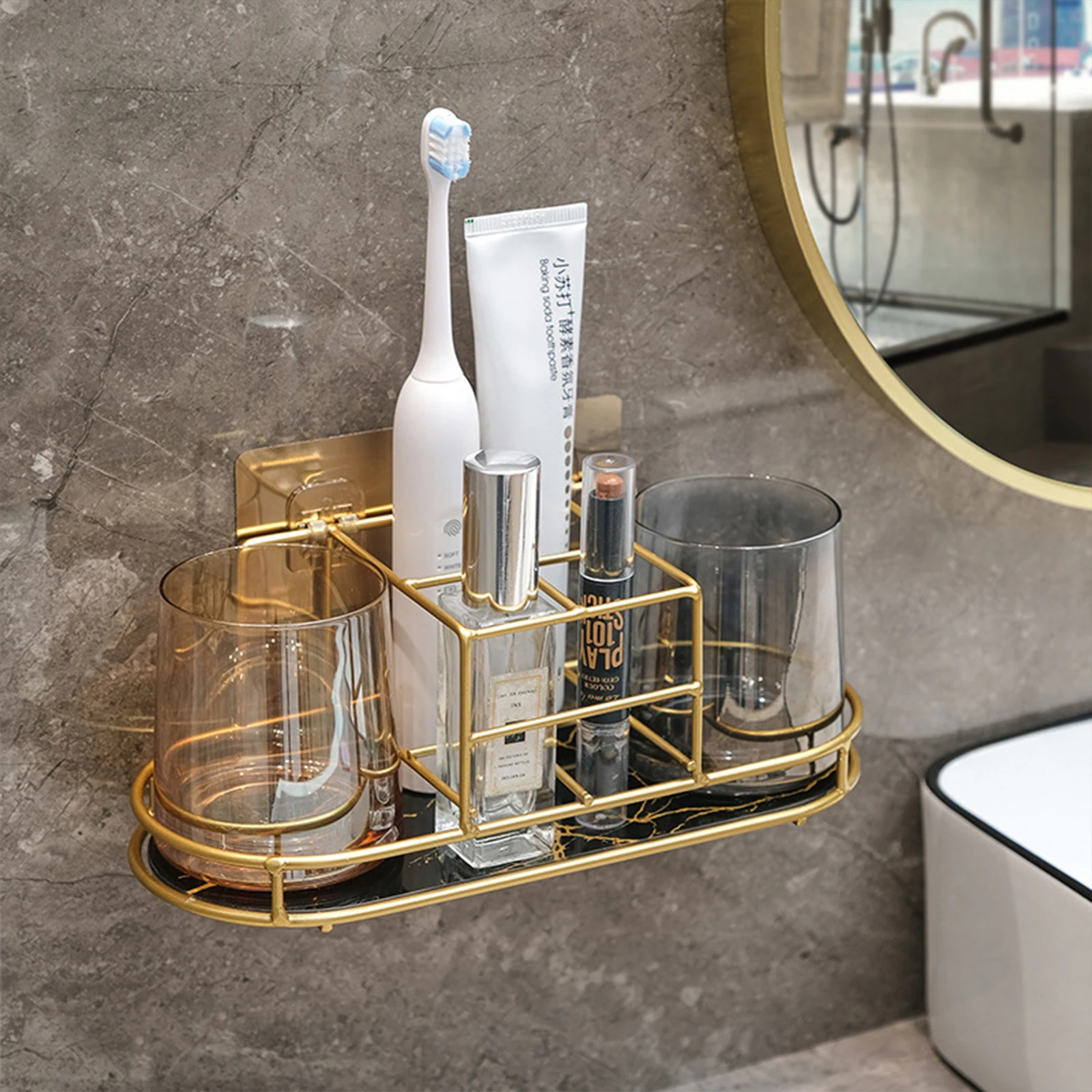 

Wall-Mounted Bathroom Storage Rack For Mouthwash Cup Toothbrushes Toothpaste Luxury Bathroom Shelf Without Drilling