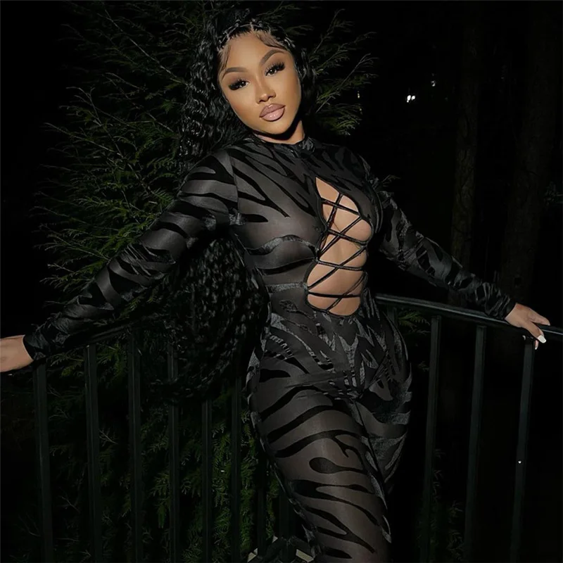 

Woman Long Sleeve Mesh Bodysuit Stripes O Neck Front Hollow out Mesh Jumpsuit S-L K21Q10968