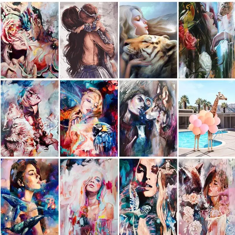 

PhotoCustom Painting By Number Animal and Girl Kits For Adults Handpainted DIY Frame Picture By Number Wolf Home Decoration Gift