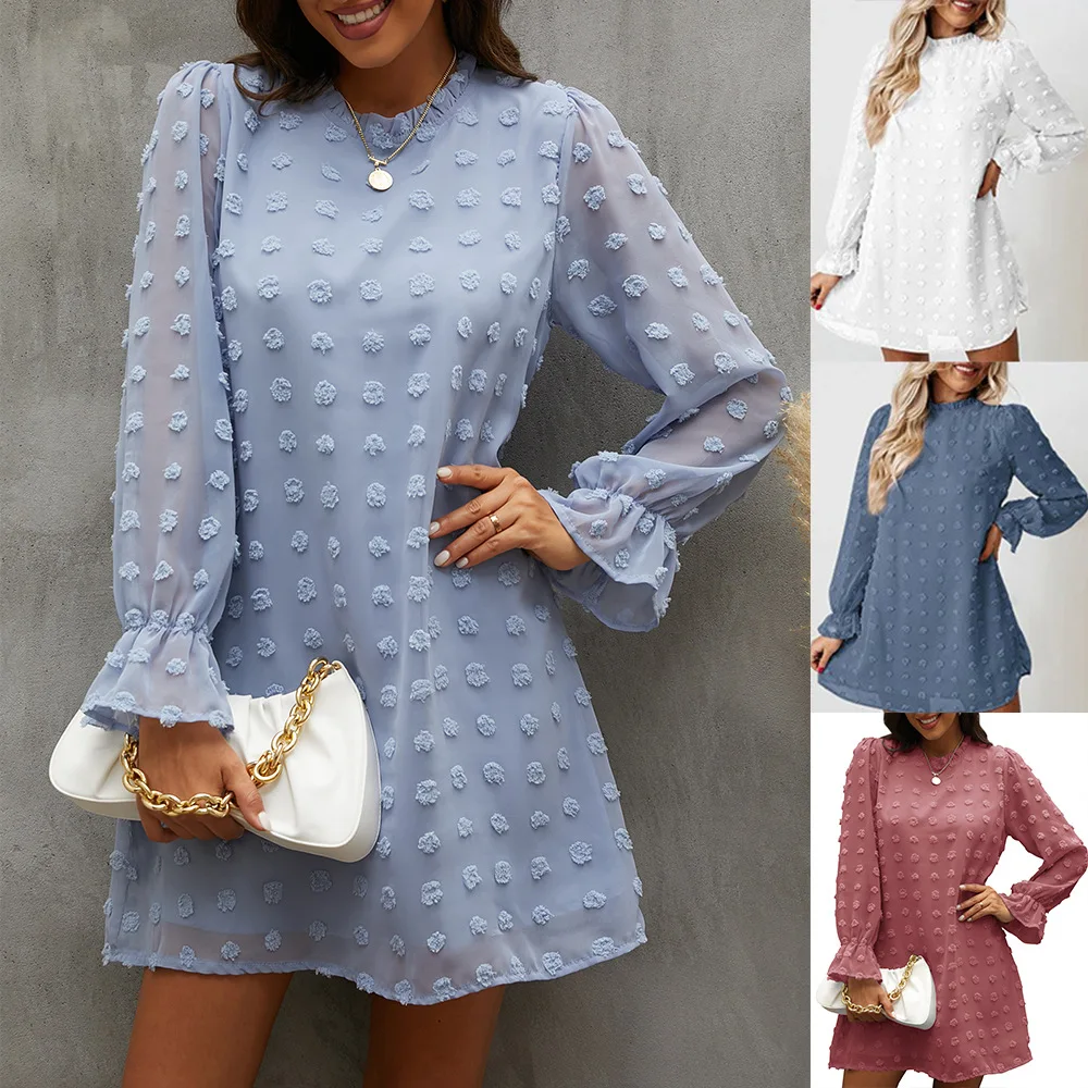 

Women’s 2022 Spring and summer new foam long-sleeved Chiffon Jacquard bottom dress woman