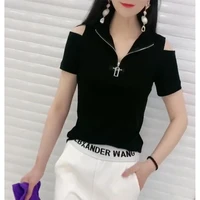 fashion zipper hollow out off shoulder tee shirt 2022 summer new casual pullovers korean woman clothes all match t shirt