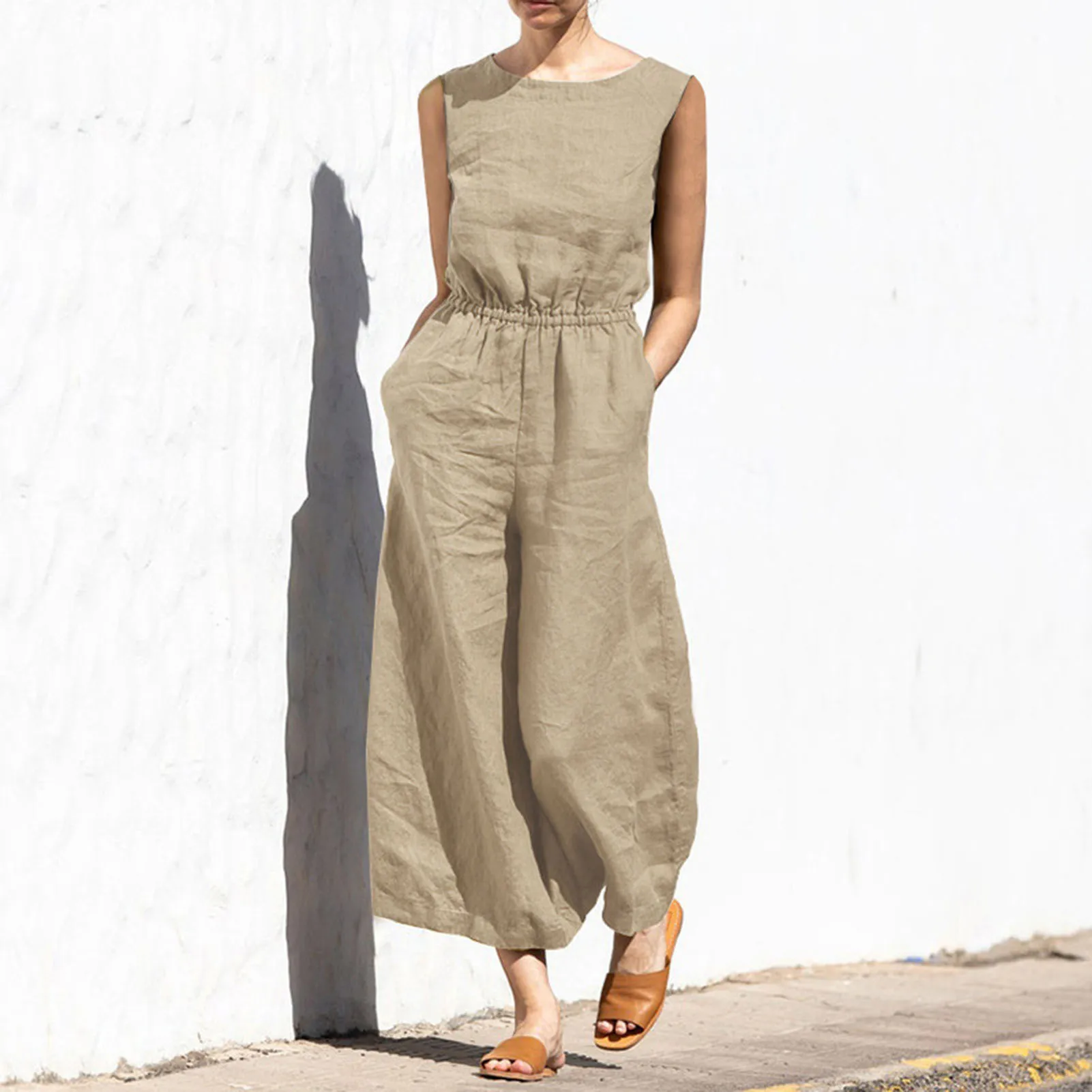 

Casual O-Neck Cotton Linen Jumpsuit Overalls 2022 Summer Sexy Sleeveless Solid Romper Office Lady Wide Leg Loose Pant Playsuit