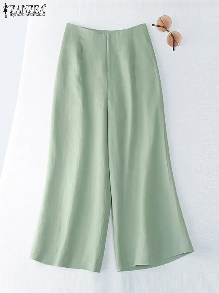 

ZANZEA Fashion Wide Leg Pant Summer Solid Color High Waist Trousers Woman Casual Pure Cotton Pantalon Femme Button Down Palazzo