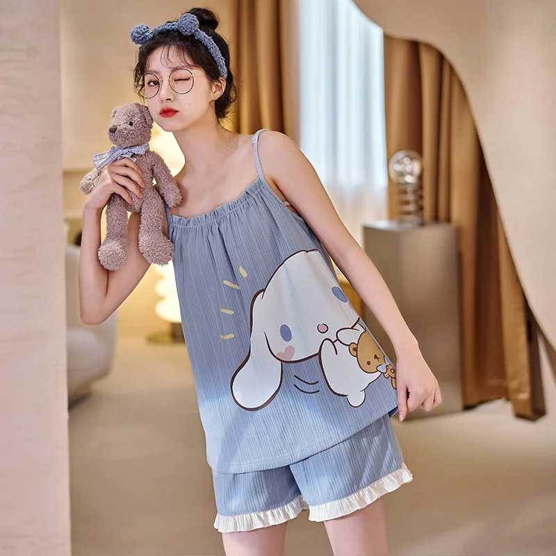 

Kawaii Sanrios Cotton Sling Pajamas Cinnamoroll Cartoon Girl Heart Summer Light Breathable Home Clothes Two-piece Gift for Girls
