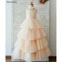 puffy champagne tulle ball gown flower girl dresses girl princess dress high neck wedding party dress first communion