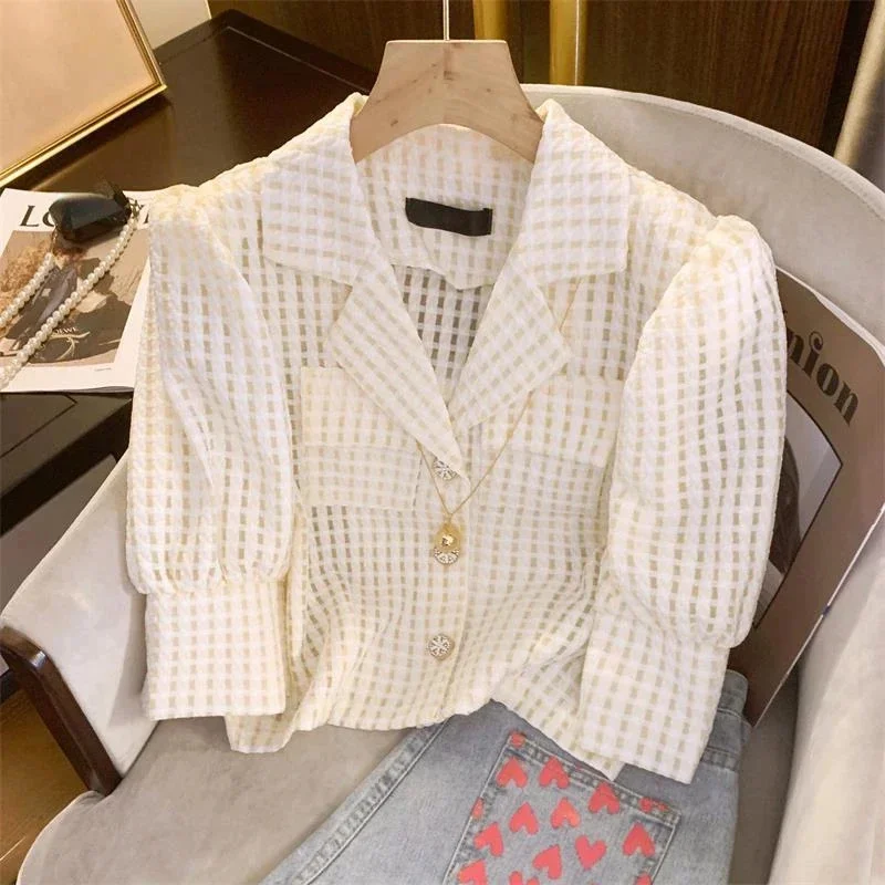 

Notched Crop Top Short Sleeve Blusas Mujer Puff Plaid Shirt Female Casual Suit Camisas Femme Striped Blouse Summer New Elegant