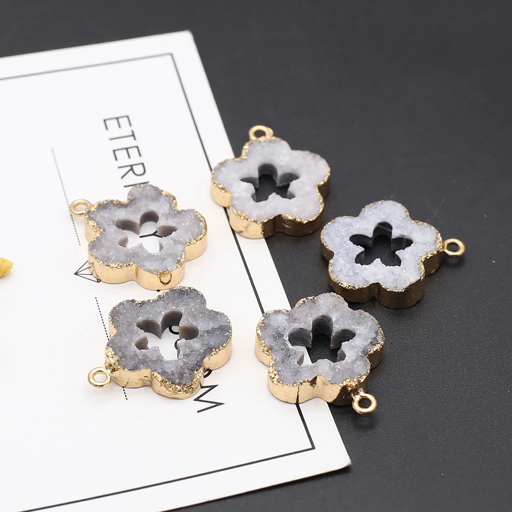 

Natural Stone Grey Five Petal Flower Hollow Gilt Edge Pendant For Jewelry MakingDIY Necklace Accessories Gemstone Charm Gift 1pc