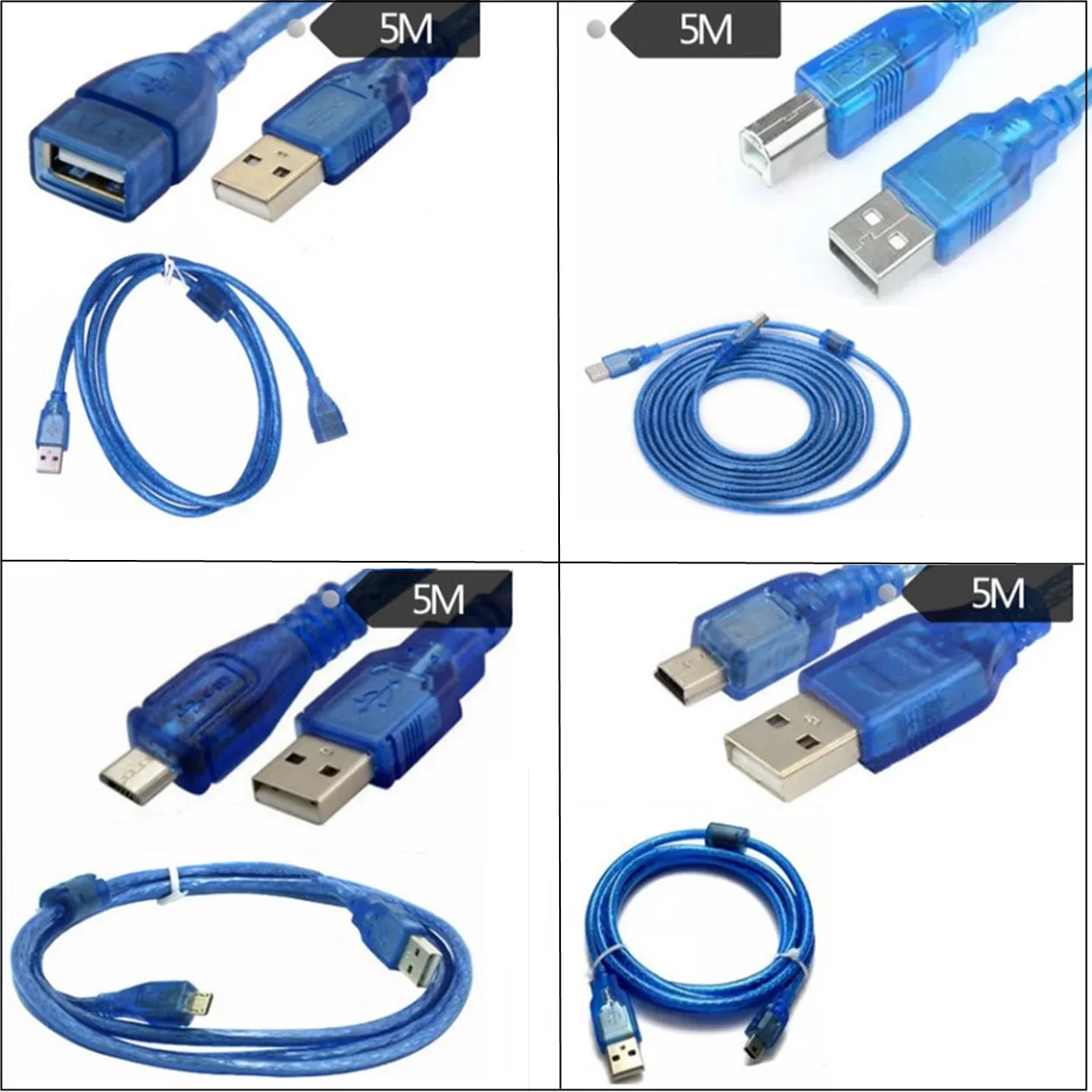

USB transparent blue extension cable printing cable USB male to female AMBM data cable with shielded magnetic ring 5M
