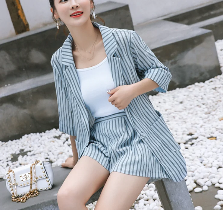 2023 High Waist Shorts Suits Women Spring Autumn Casual Loose Thin Blazers Classic Striped Office Lady Blazers Suit 2 Piece Set