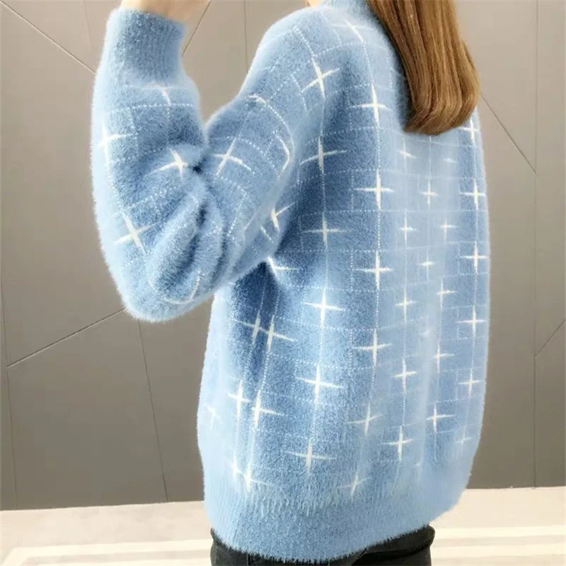 

Winter Autumn Thick Half High Collar Mink Cashmere Sweater Women Loose Long Sleeve Pullover Short Knit Tops Female Jumper Ladies