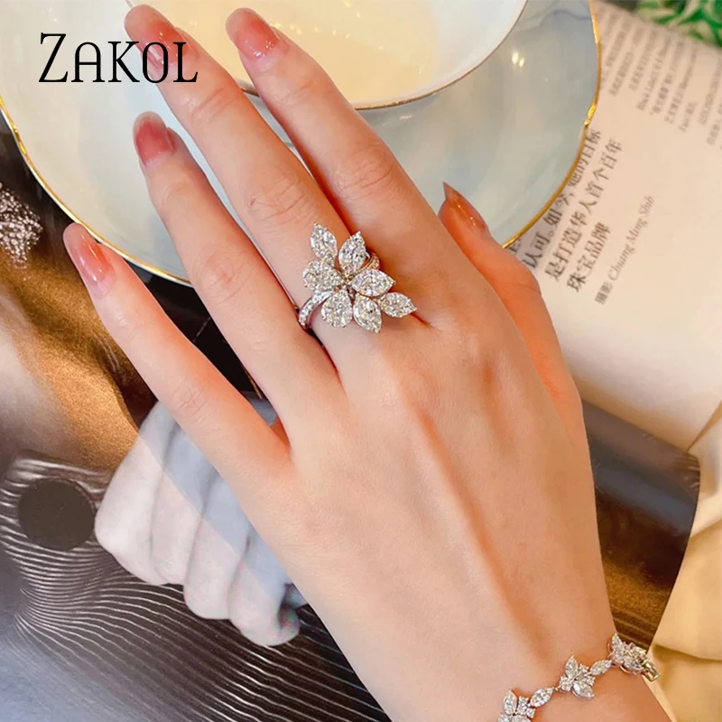 

ZAKOL Korean Leaf Cubic Zirconia Engagement Ring for Women Sliver Color Open Rings Girl Wedding PartyJewelry Gift