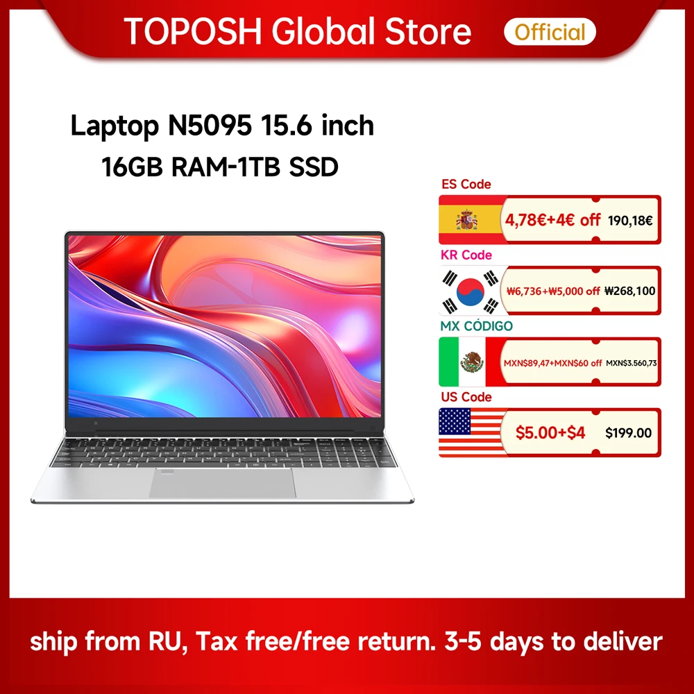 

TOPOSH 15.6 Inch FHD Laptop Portable 16GB RAM 256GB SSD Windows 11 Notebook Intel Celeron N5095 Office Backlit with Fingerprint