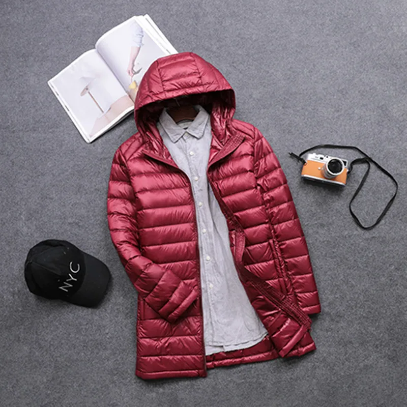 Мужской пуховик с капюшоном, черный тонкий пуховик средней длины на белом утином пуху, размеры до 3XL, Осень-зима 2019