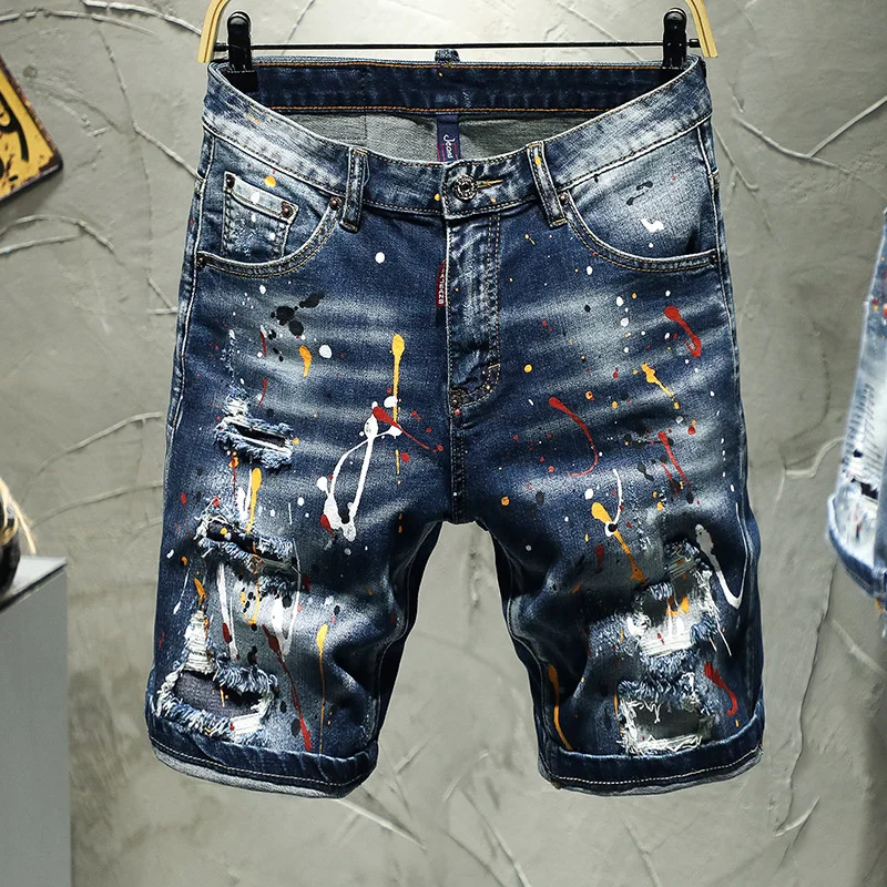 

Summer Fashion Brands Denim Shorts Men's Jeans Washed, Worn, Ripped, Painted Cyclist Five Point Denim Shorts