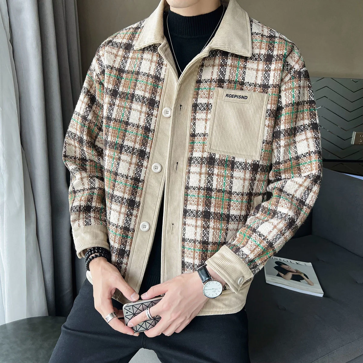 

2022 Мужская модная трендовая короткая шерстяная куртка-бомбер в уличном стиле Повседневная трикотажная блестящая верхняя одежда цвета хаки/синего цвета