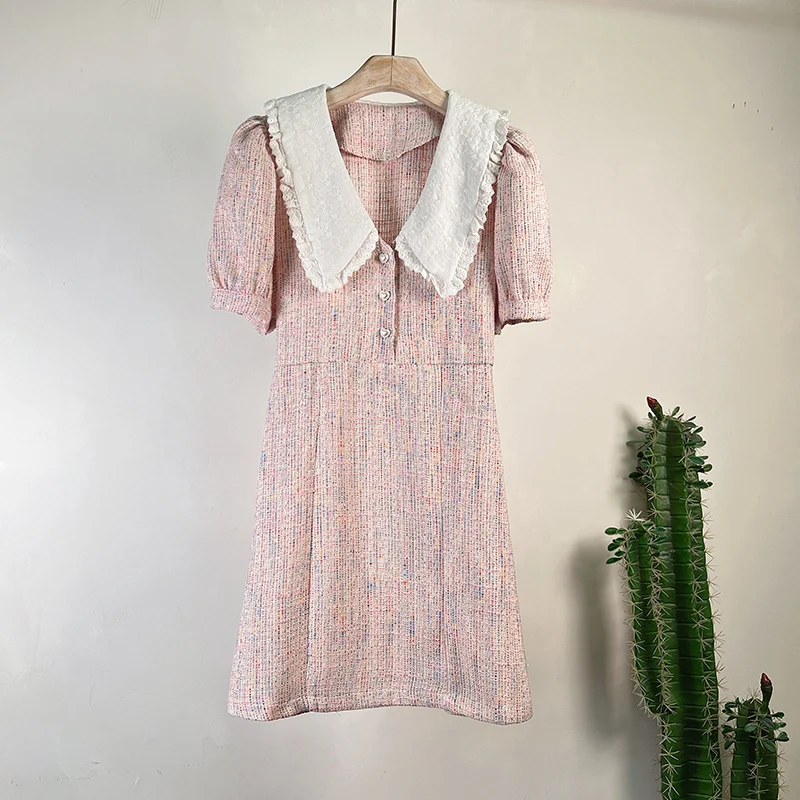 

2023 Sweet Pink Autumn Winter Tweed Dress High Quality Women Peter Pan Collar Puff Sleeve Elastic Waist Ladies Office Vestidos