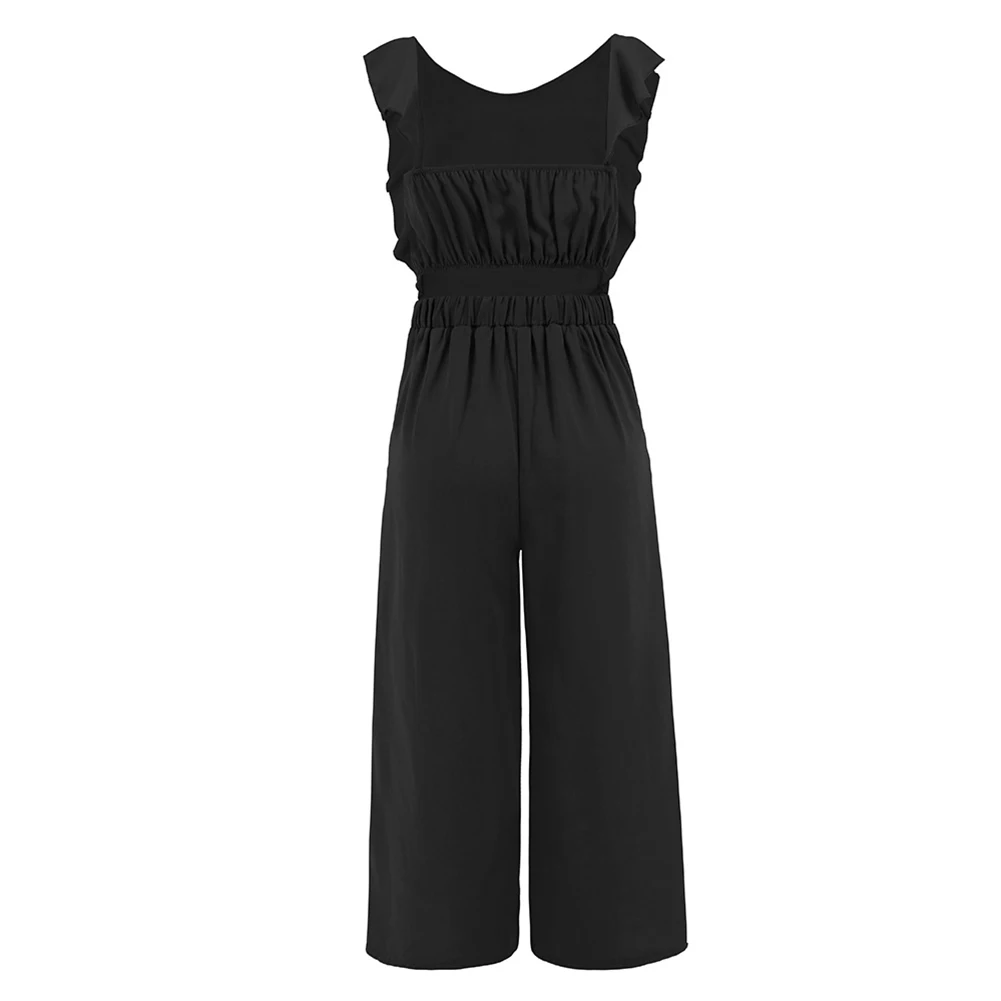 Women Jumpsuits Crew Neck Ruffle Cap   Sleeve Belted Wide Leg Romper With Pockets