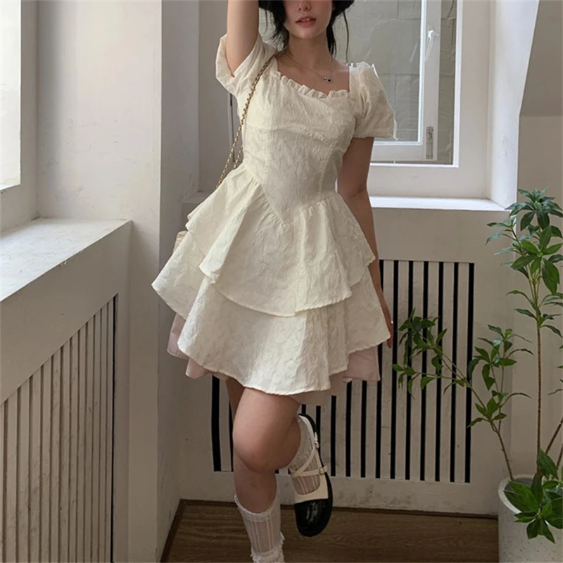 

Women's Lace Up Bow Short Sleeved Dress Summer New French Retro Young Girl Temperament Sexy Multi Layered Skirt Female