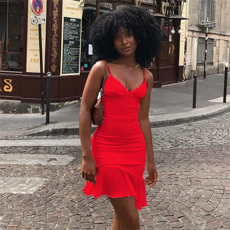 

White Red Dress Women's Summer Spaghetti Strap Mini Dress Black Sexy Slim Party Backless Ruffles Hem Dresses Red Vestidos