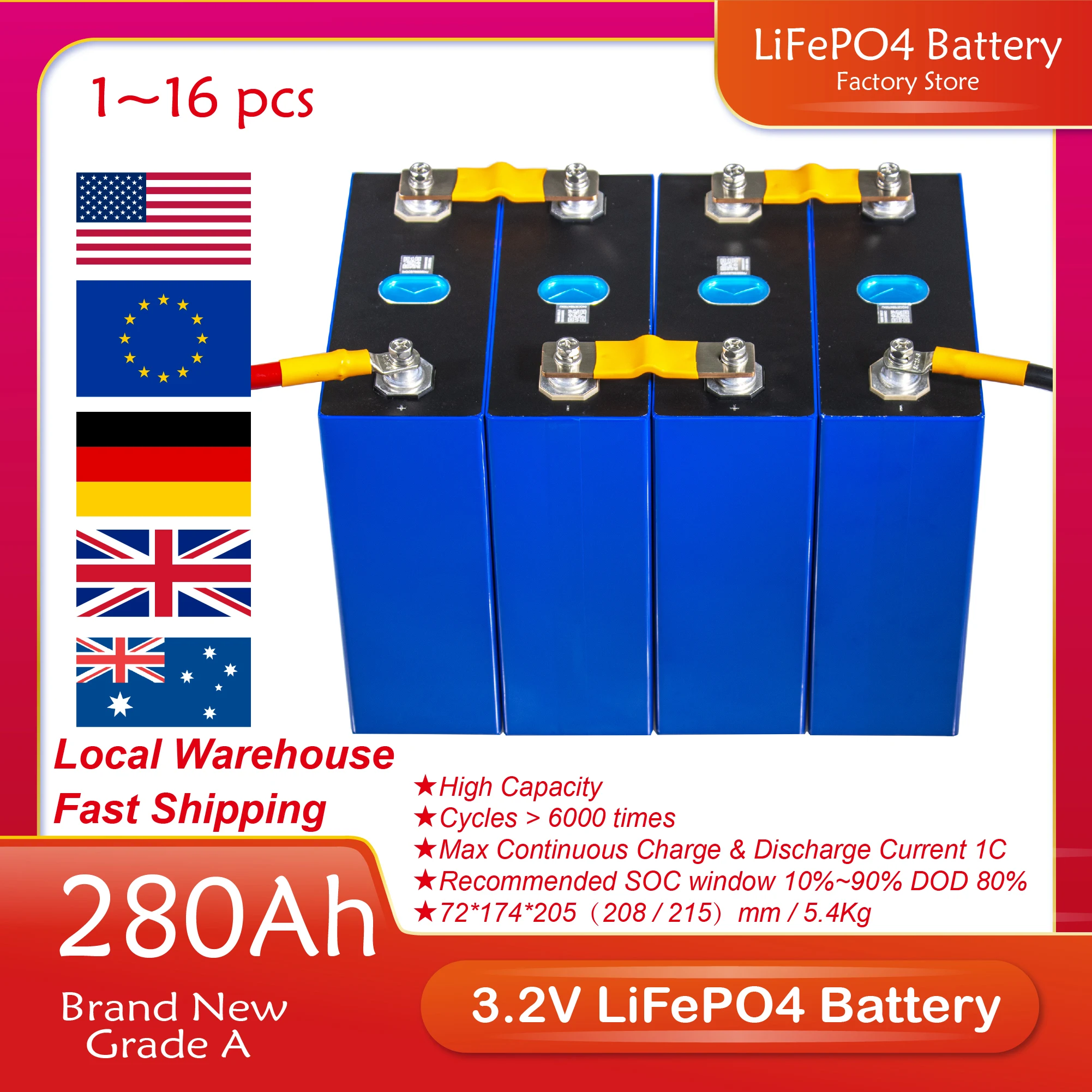 

Аккумуляторные литий-ионные аккумуляторы LiFePO4, 4 шт., 3,2 в, 100% а/ч