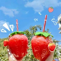 ins wind net red strawberry straw cup plastic cup cute female hand held milk tea cup student portable water cup water bottle