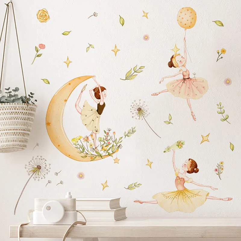Желтая луна звезды Настенная Наклейка маленькая девочка Танцующая Съемная